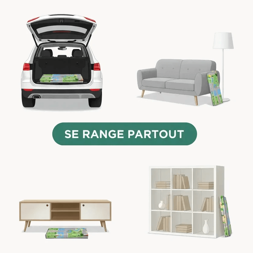 Tapis plié en 4 panneaux, rangé derrière un canapé