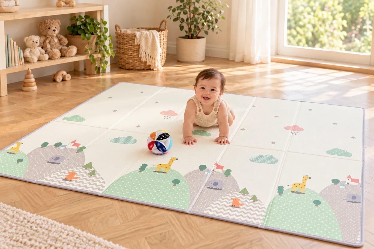 Bébé à quatre pattes au milieu du grand tapis déplié, dans une chambre lumineuse